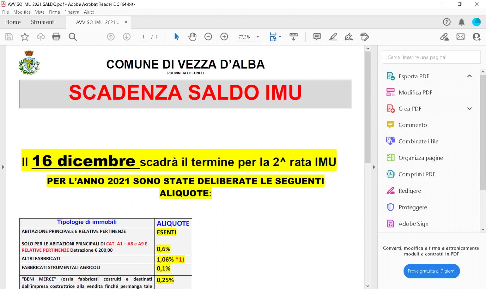 SCADENZA SALDO IMU 2021 Comune di Vezza d'Alba